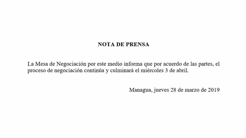 Nota de Prensa de la Mesa de Negociación por el Entendimiento y la Paz en Nicaragua