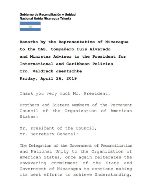 Nicaragua reitera ante OEA compromiso y esfuerzo del Estado por lograr entendimiento y Paz