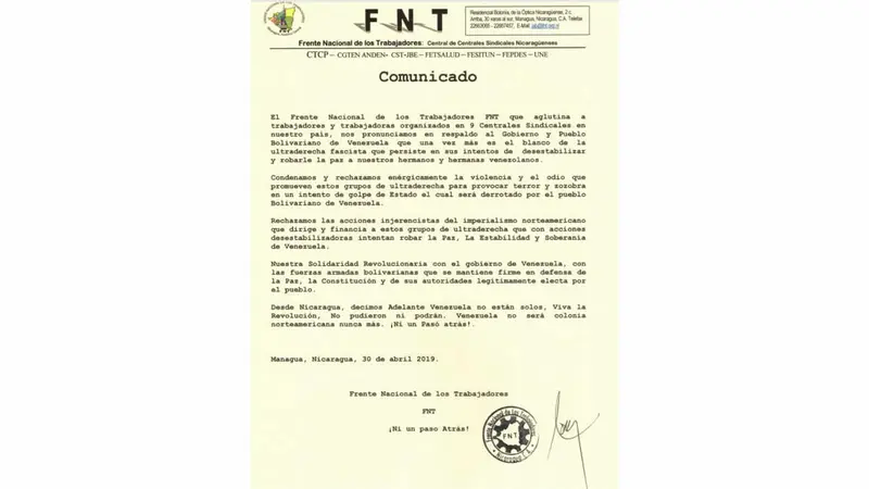 FNT emite comunicado en apoyo al Presidente Nicolás Maduro y al pueblo Bolivariano de Venezuela