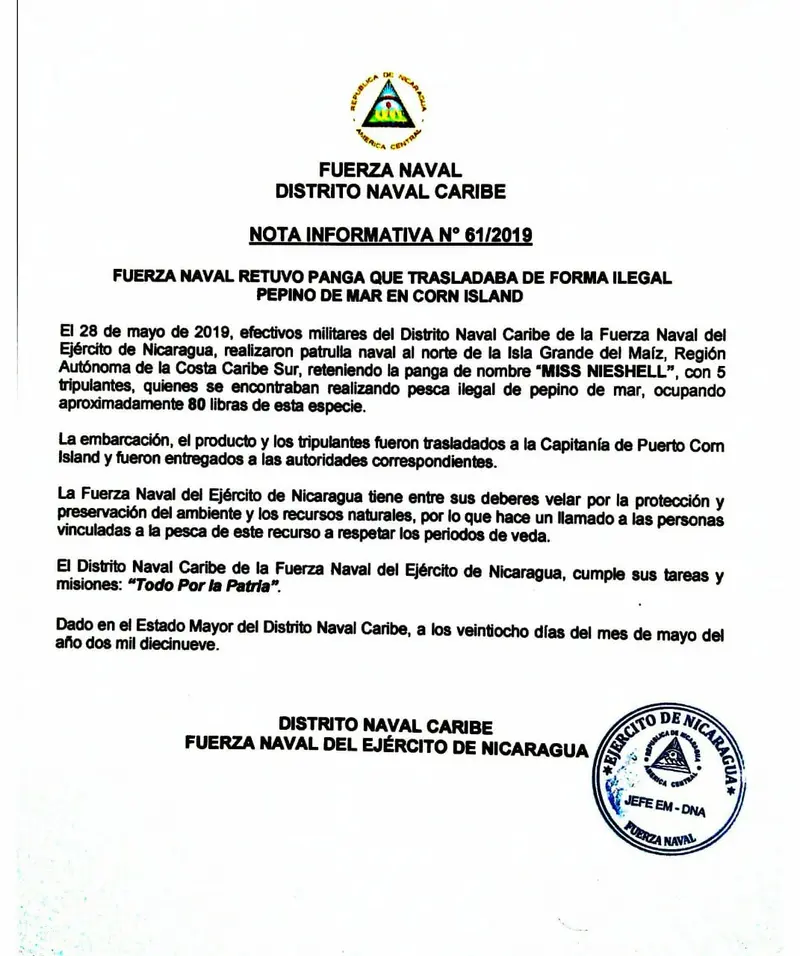 Fuerza Naval detiene lancha para salvar recursos que está en veda en Corn Island