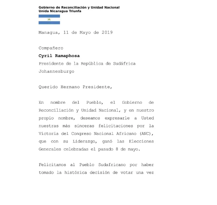 Gobierno de Nicaragua envía felicitaciones al Presidente de la República de Sudáfrica, Cyril Ramaphosa tras victoria electoral