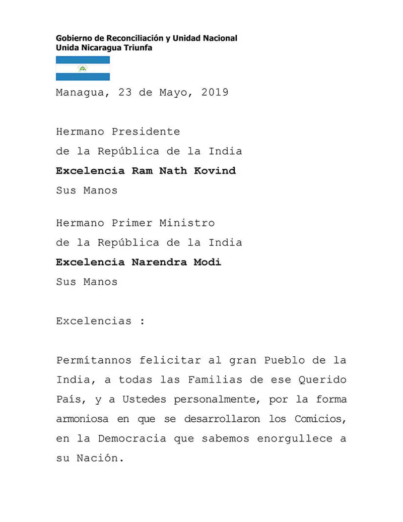 Gobierno de Nicaragua saluda comicios realizados en la India