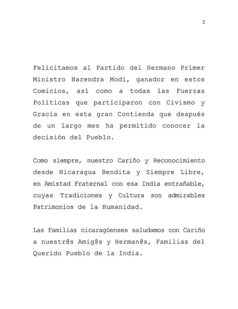 Gobierno de Nicaragua saluda comicios realizados en la India