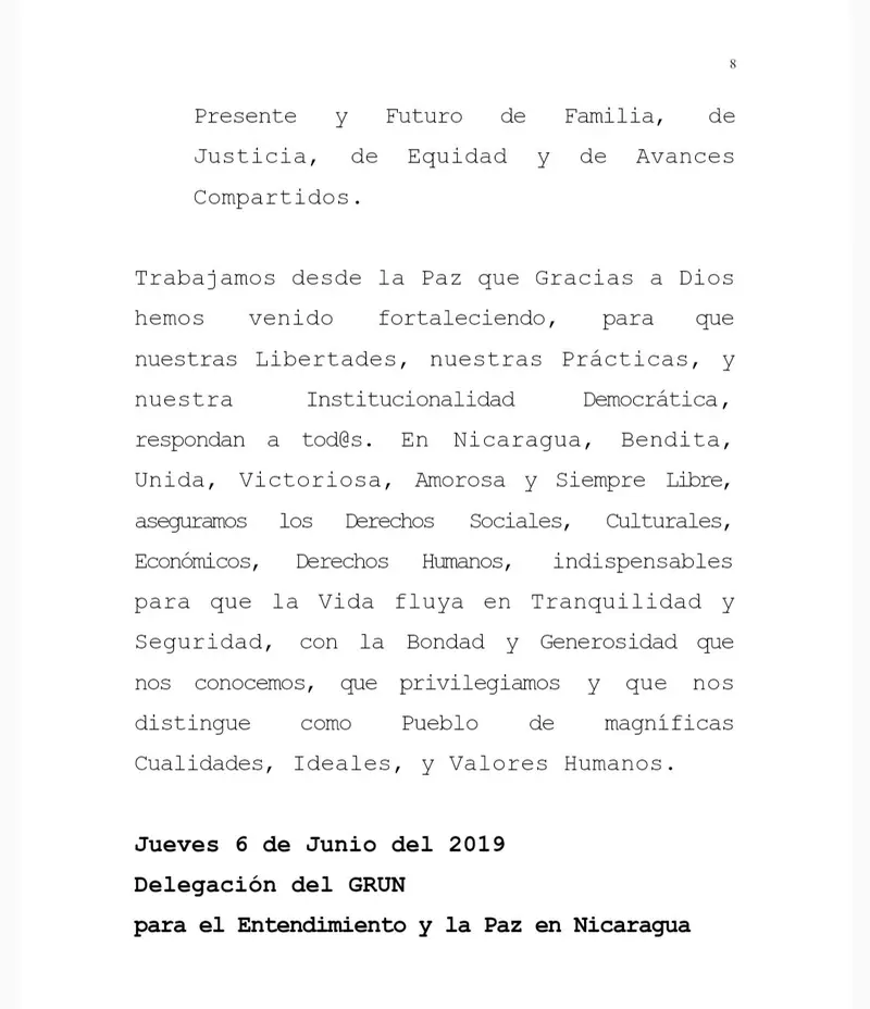 Nota de Prensa de la Delegación del GRUN en la mesa de negociación por el entendimiento y la paz en Nicaragua