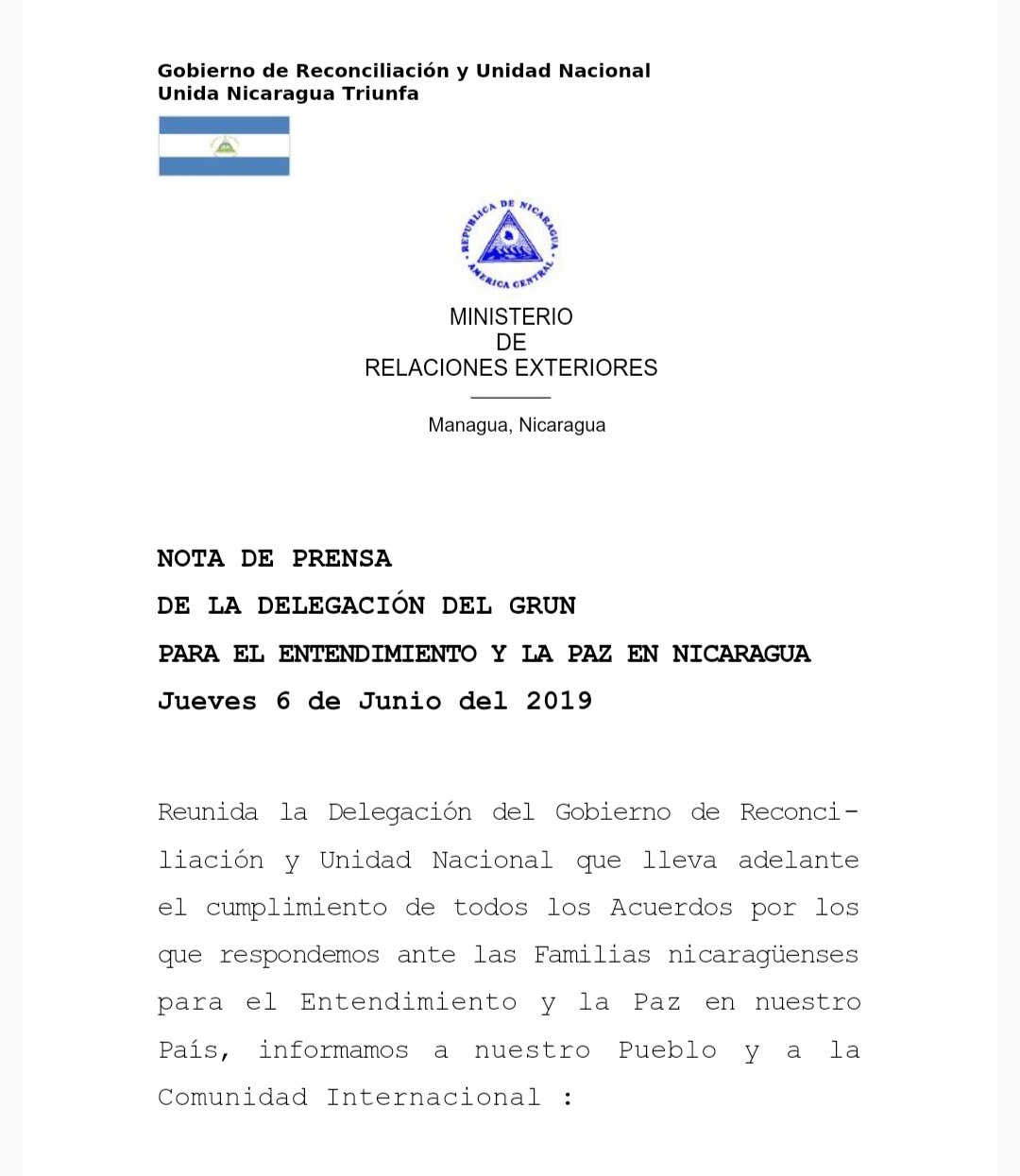 Nota de Prensa de la Delegación del GRUN en la mesa de negociación por el entendimiento y la paz en Nicaragua