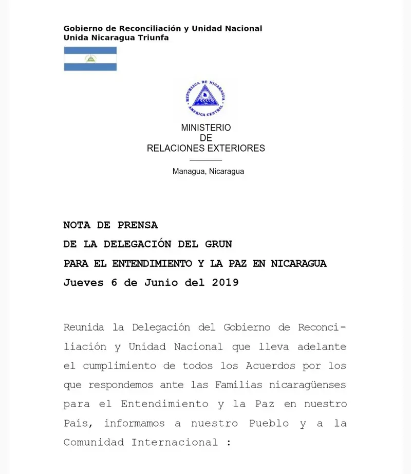 Nota de Prensa de la Delegación del GRUN en la mesa de negociación por el entendimiento y la paz en Nicaragua