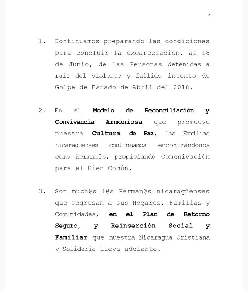 Nota de Prensa de la Delegación del GRUN en la mesa de negociación por el entendimiento y la paz en Nicaragua