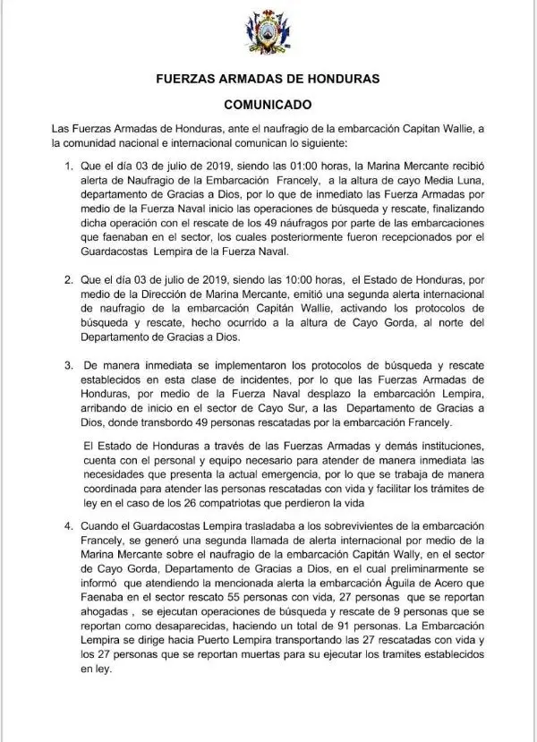 Fuerzas Armadas Honduras comunicado