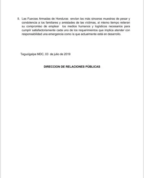 Fuerzas Armadas Honduras comunicado