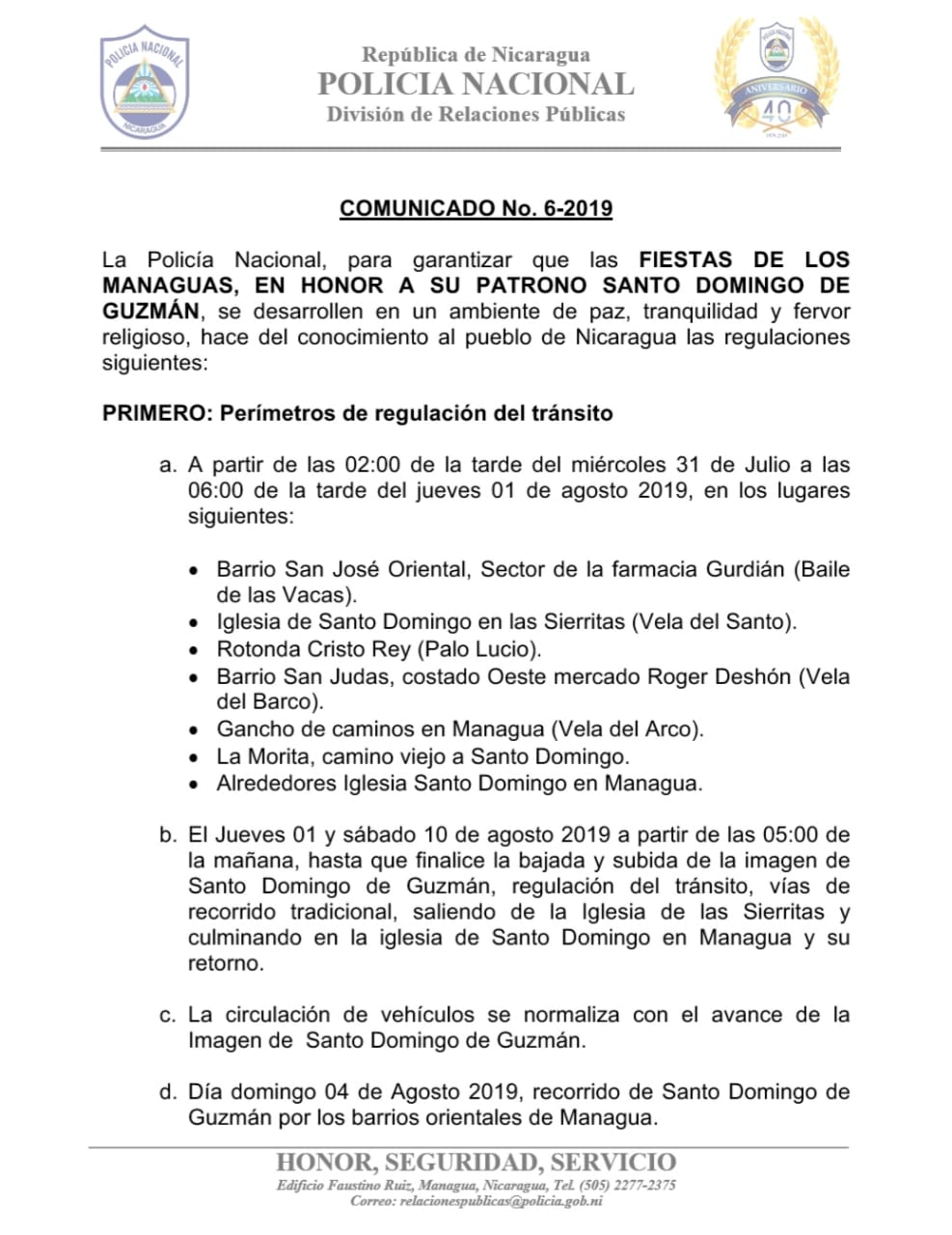 Policía Nacional comunica las normas de seguridad en las fiestas Santo Domingo