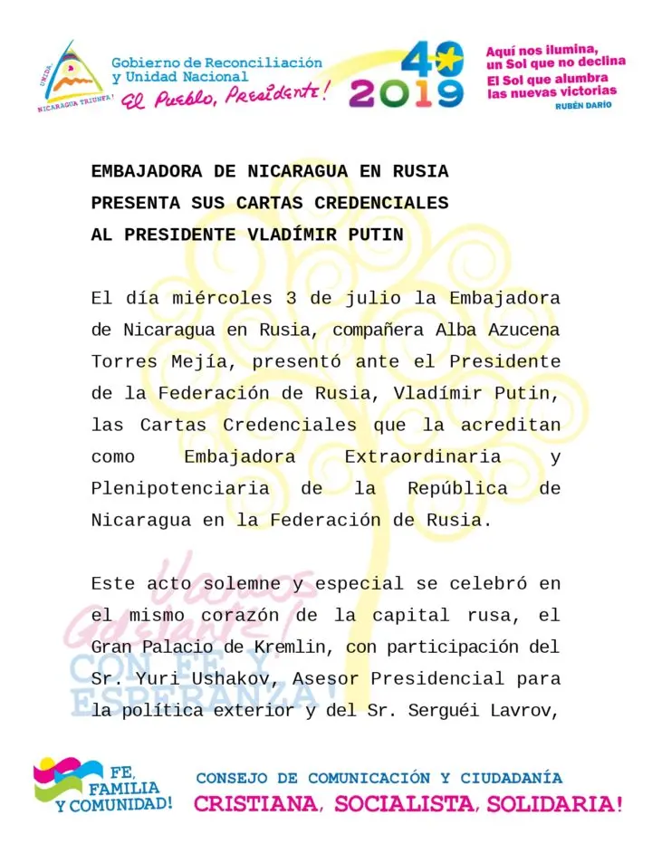 Presidente Putin recibe cartas credenciales de embajadora nicaragüense