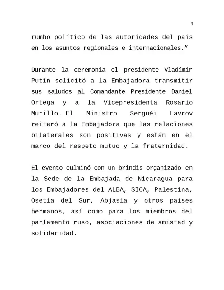 Presidente Putin recibe cartas credenciales de embajadora nicaragüense