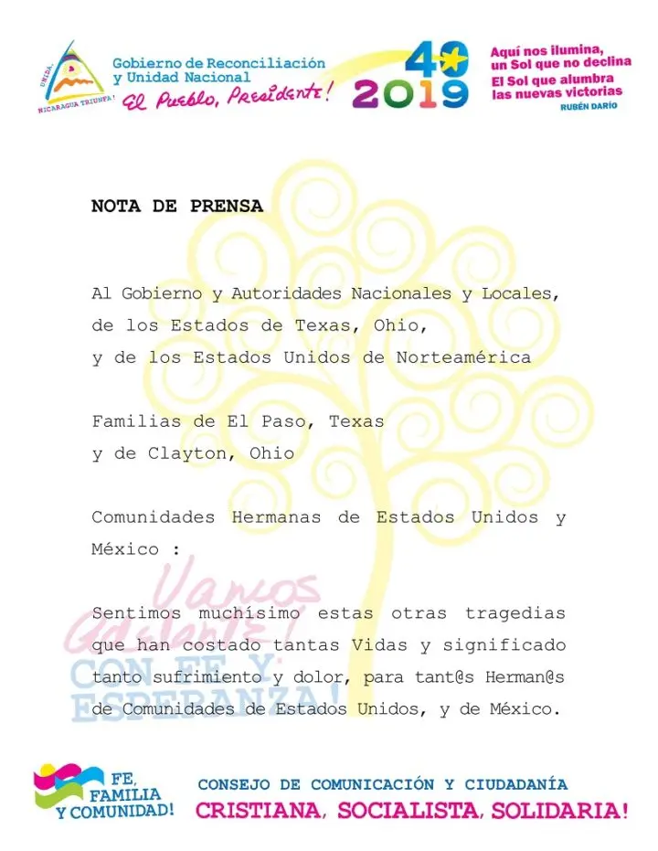 Gobierno Nicaragua mensaje víctimas tiroteo