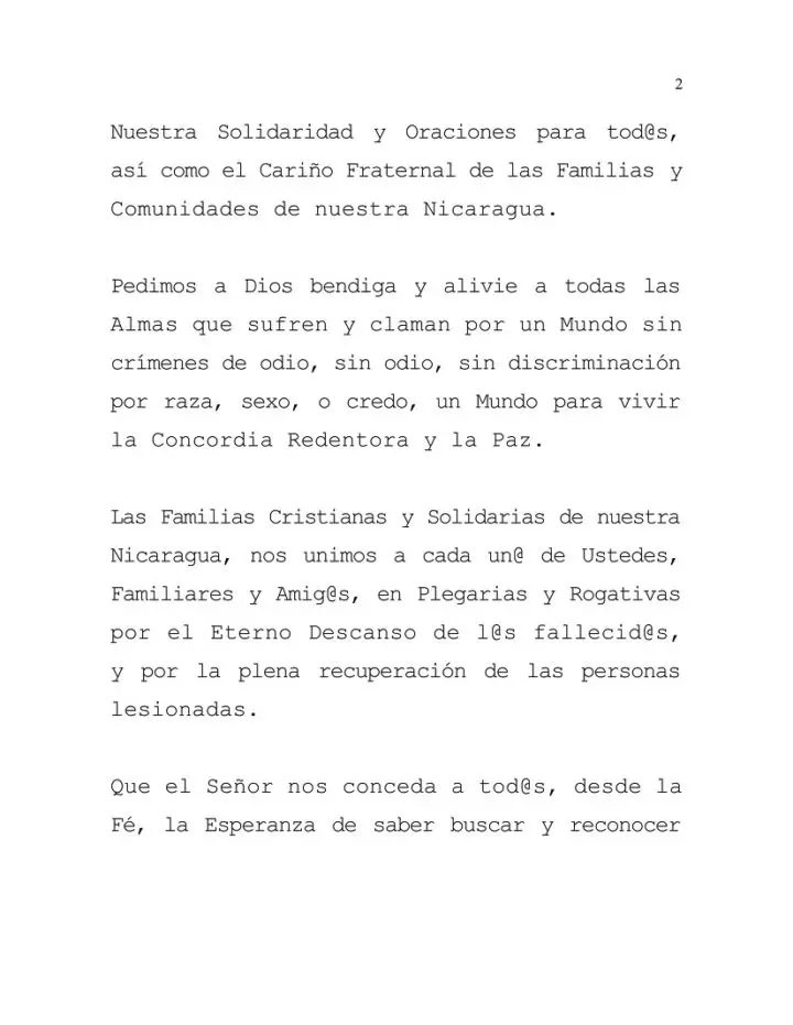 Gobierno Nicaragua mensaje víctimas tiroteo