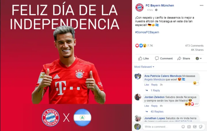 El equipo Bayern de Múnich envía saludos a Nicaragua por su Independencia