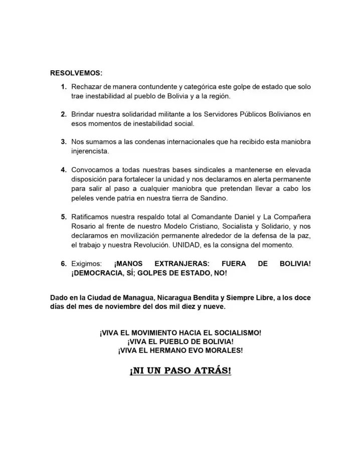 UNE-FNT rechaza Golpe de Estado contra el Presidente Evo Morales