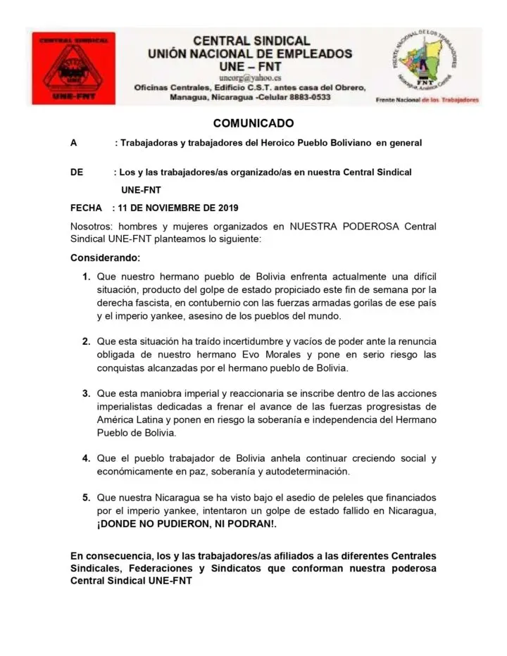 UNE-FNT rechaza Golpe de Estado contra el Presidente Evo Morales 