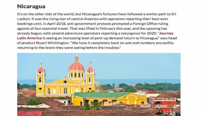 Revista Travel Weekly destaca Nicaragua como destino turístico en el 2020