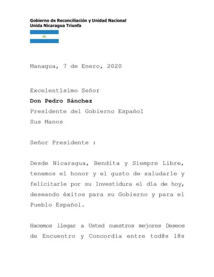 Gobierno de Nicaragua saluda a nuevo presidente de España