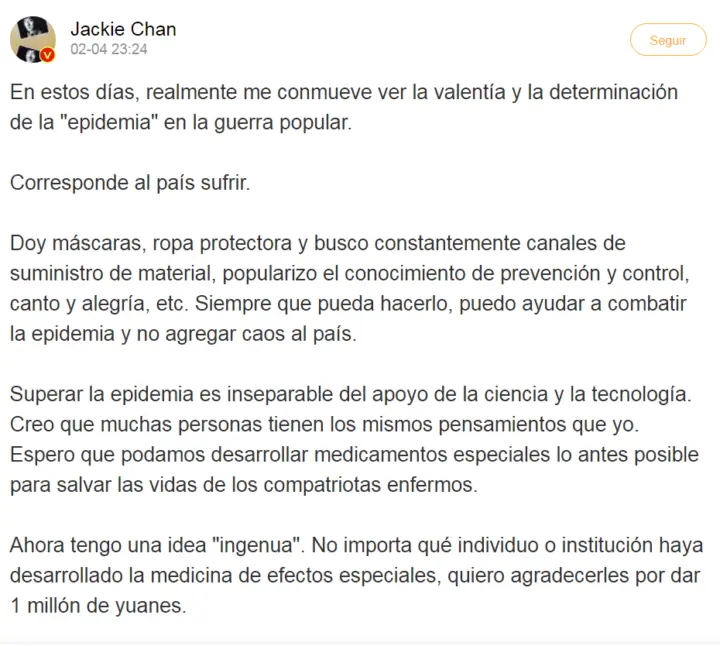 Jackie Chan ha ofrece recompensa a quien desarrolle antídoto contra el coronavirus