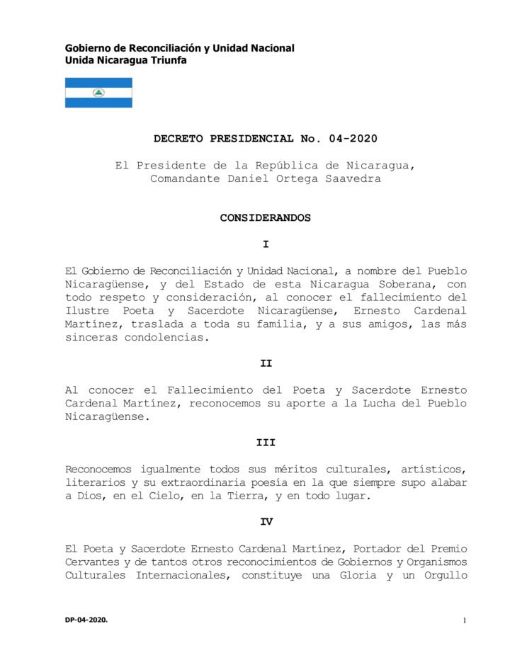 Nicaragua: Gobierno envía condolencias tras deceso de Ernesto Cardenal