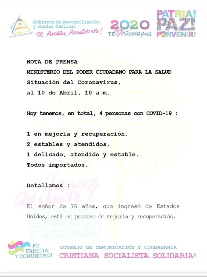 Nicaragua continua con 4 casos activos estables de COVID 19