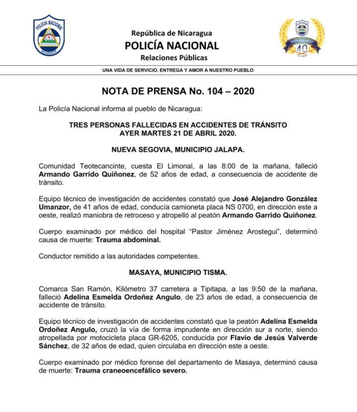 Policía de tránsito informa sobre 3 decesos ocurridos en las últimas horas