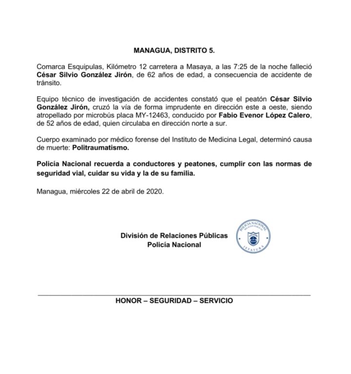 Policía de tránsito informa sobre 3 decesos ocurridos en las últimas horas