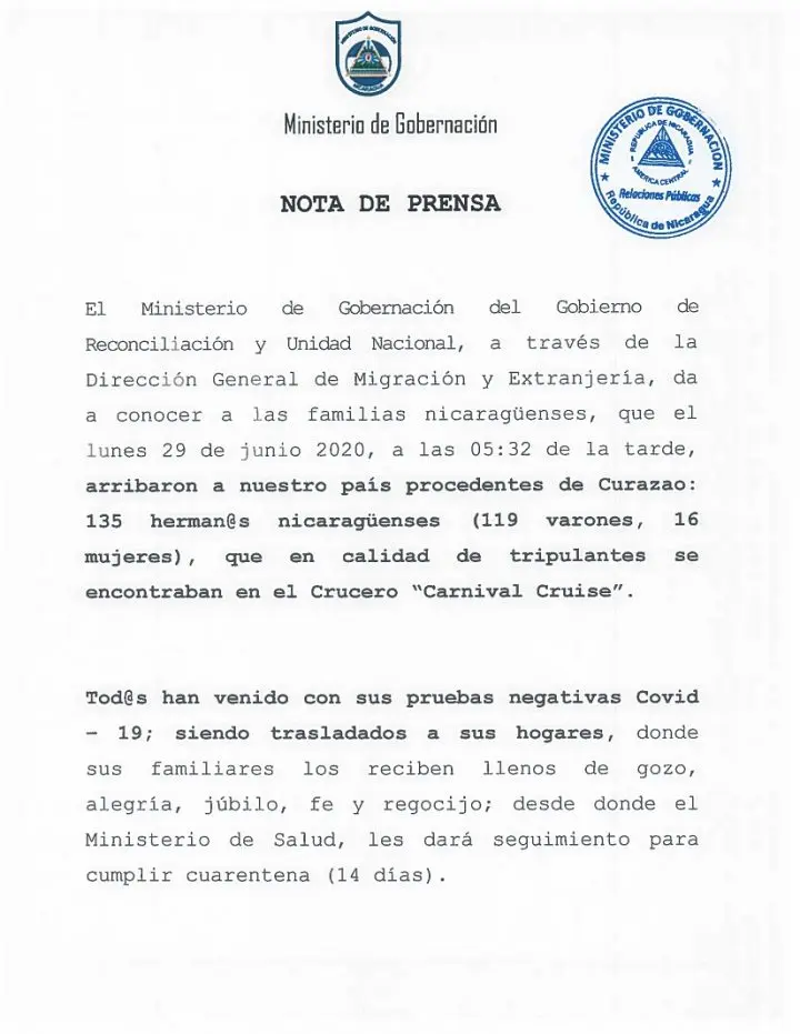 Gobierno Sandinista recibe a 135 nicaragüenses procedentes de Curazao