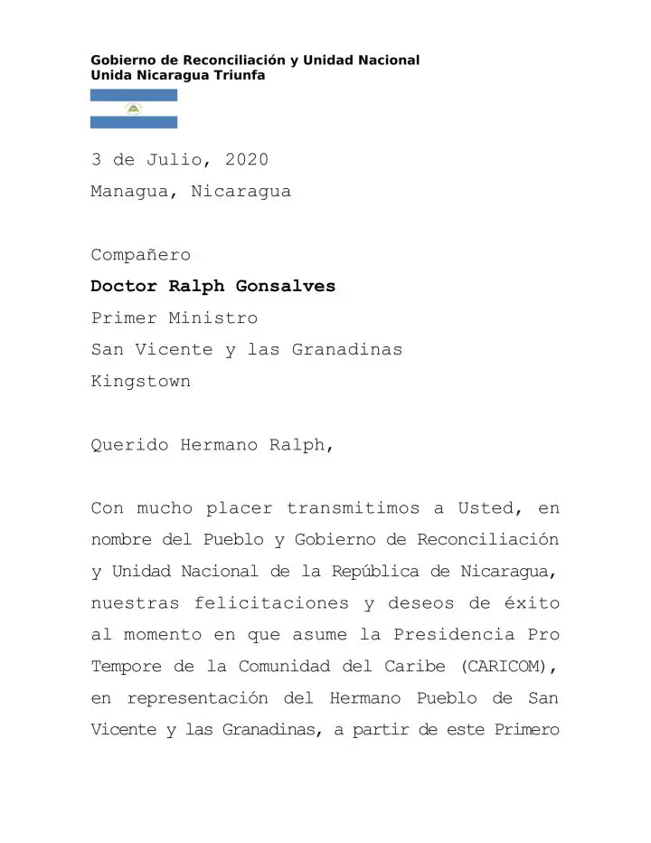 Mensaje del Gobierno de Nicaragua al Primer Ministro de San Vicente y las Granadinas al asumir la Presidencia Pro Tempore de CARICOM. Mensaje del Gobierno de Nicaragua al Primer Ministro de San Vicente y las Granadinas al asumir la Presidencia Pro Tempore de CARICOM.