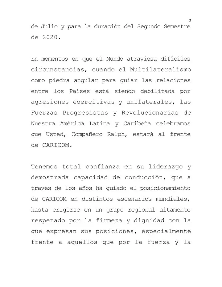 Mensaje del Gobierno de Nicaragua al Primer Ministro de San Vicente y las Granadinas al asumir la Presidencia Pro Tempore de CARICOM. Mensaje del Gobierno de Nicaragua al Primer Ministro de San Vicente y las Granadinas al asumir la Presidencia Pro Tempore de CARICOM.