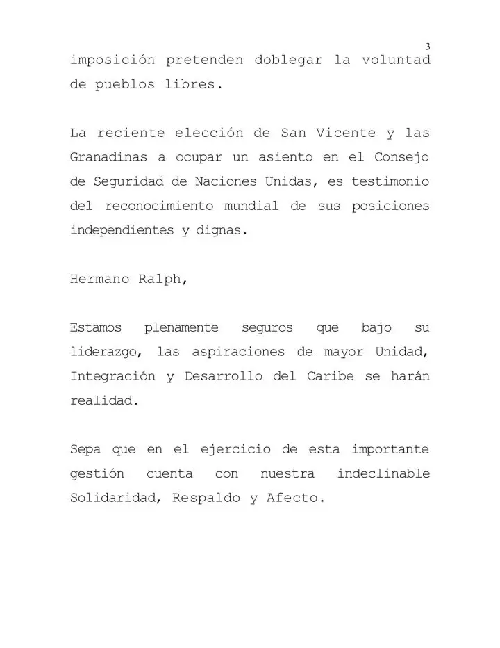 Mensaje del Gobierno de Nicaragua al Primer Ministro de San Vicente y las Granadinas al asumir la Presidencia Pro Tempore de CARICOM. Mensaje del Gobierno de Nicaragua al Primer Ministro de San Vicente y las Granadinas al asumir la Presidencia Pro Tempore de CARICOM.