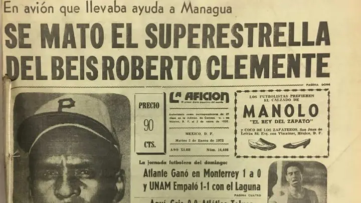 Recorte de periódico de la muerte de Roberto Clemente