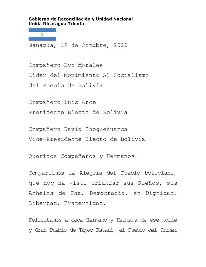 Nicaragua felicita a Luis Arce por el triunfo en las elecciones presidenciales