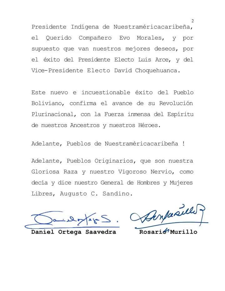 Nicaragua felicita a Luis Arce por el triunfo en las elecciones presidenciales