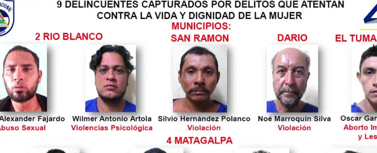 Capturan a 9 delincuentes por delitos contra la mujer en Matagalpa