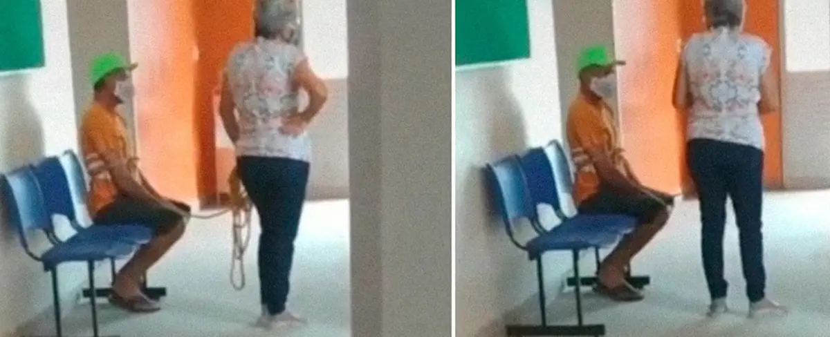 Una mujer lleva atado a su esposo a un puesto de vacuna en Brasil