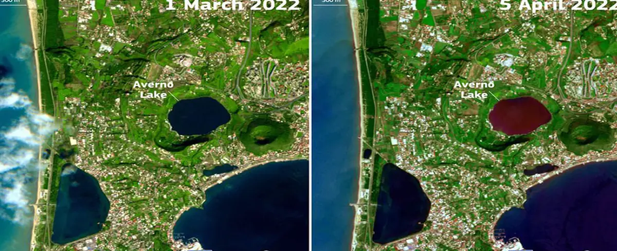 Captan como un lago se tiñe de rojo en Italia