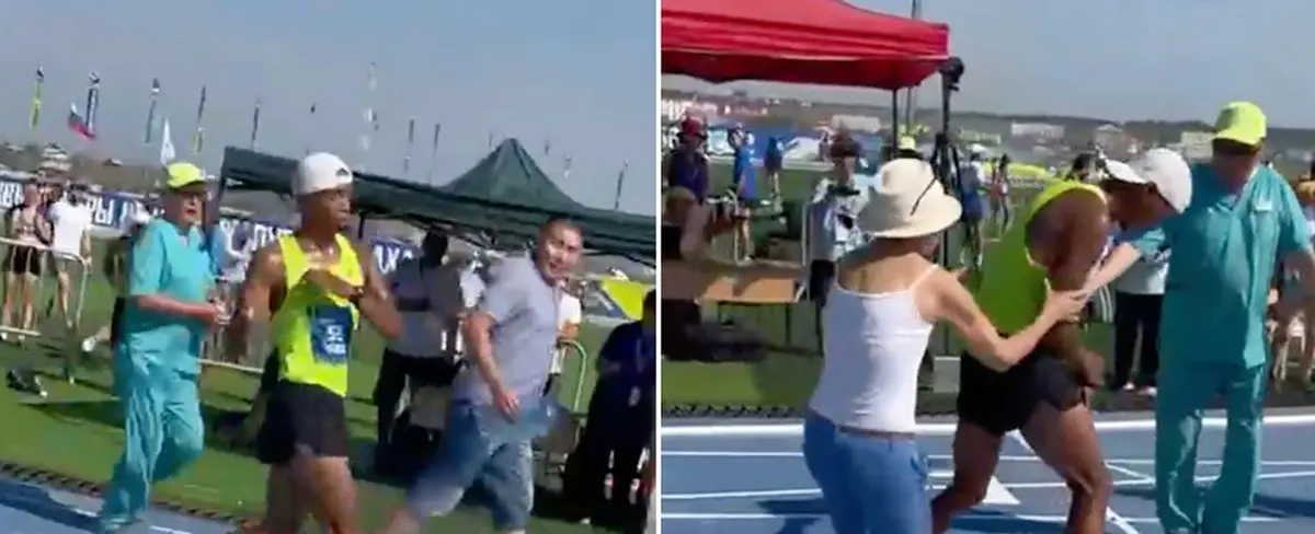 Atleta se marea en una carrera y su madre lo empuja hasta la meta