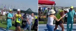 Atleta se marea en una carrera y su madre lo empuja hasta la meta