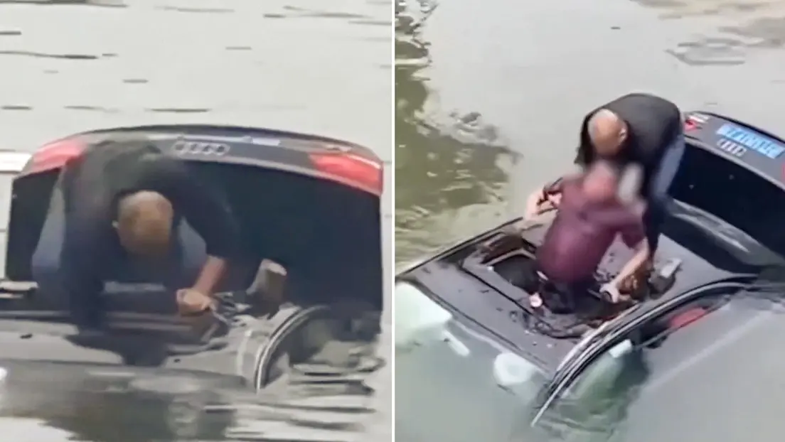 Hombre en China rescata a conductor que se hundía en su vehículo